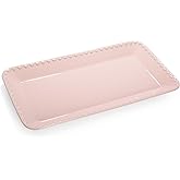 Paris Hilton Rectangle Ceramic Stoneware Serving Platter Tray, Embossed Hearts, Microwave Safe, 15x8-Inch, Pink