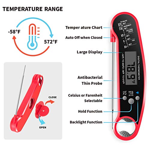 Cooking Thermometer Instant Read Temperature with Probe Digital Barbecue Thermometer for Grilling BBQ Smoker Food Cooking Candy Milk Deep Fry Oil Red - Thumbnail 4