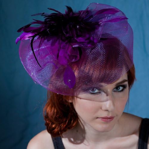 Fashion Elegant Big Flower Feather Bow Veil Fascinator Hair Clip/ Cocktail Hat --PURPLE