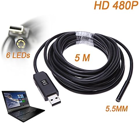 USB Endoscope Looline Waterproof IP67 Camera Snake Inspection Borescope 5M Cable 5.5mm Video Tube with 6 LEDs