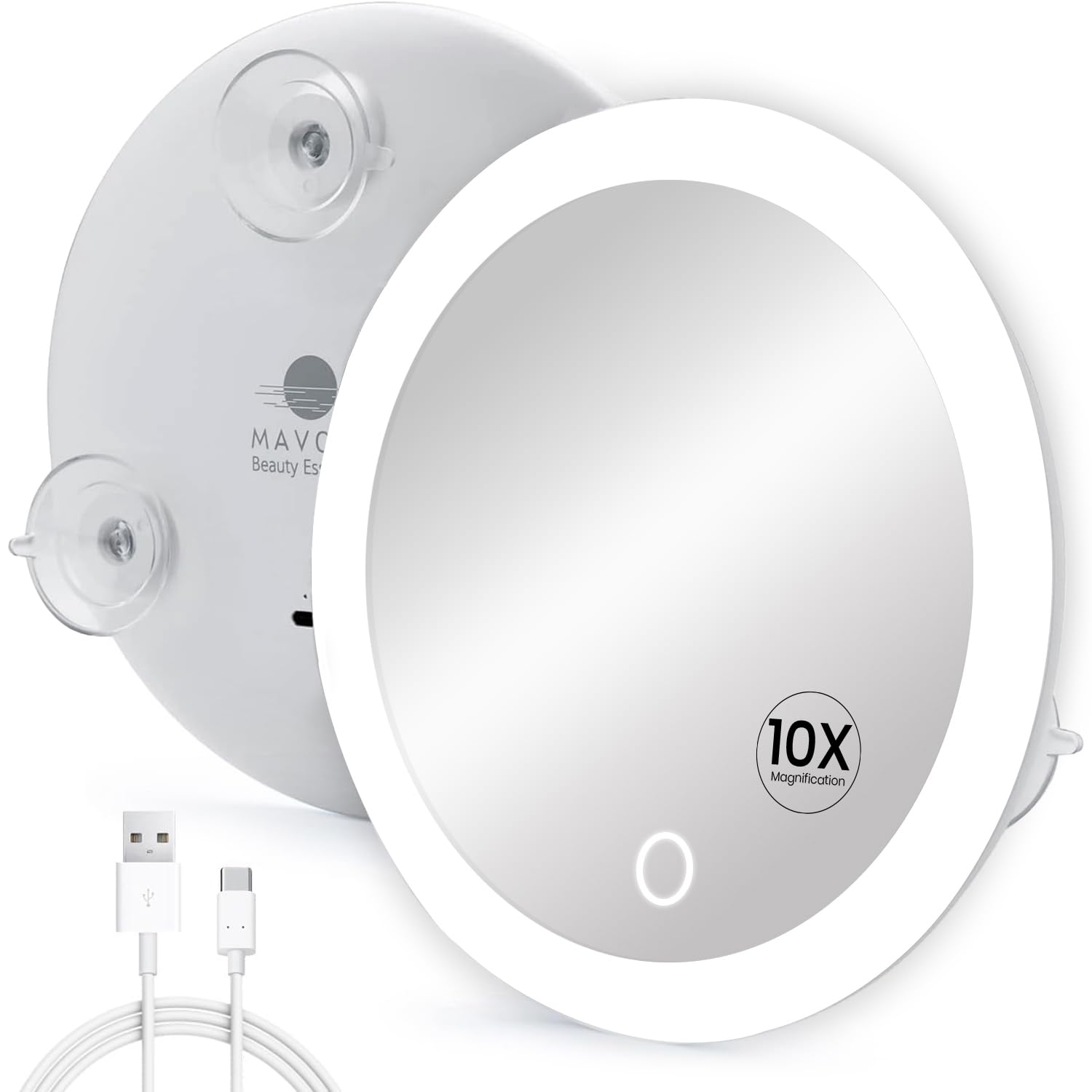 Mavoro 17cm LED Magnifying Mirror with 3 Strong Suction Cups | 10X Magnification | Portable Lighted Travel Makeup & Cosmetic Mirror with Light (USB-C Rechargeable Built-in Battery |10X)