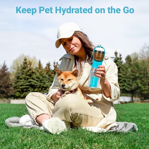 Zivacate Dog Water Bottle, 600 ml Travel Bottle for Dogs, Multifunctional Outdoor Water Dispenser for Dogs and Cats with 100 g Food Container and Poop Bag