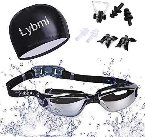 Swimming Goggles,Lybmi Anti-Fog Shatterproof UV Protection Triathlon Swim Goggles With Cap,Interchangeable Nose Bridge,and Ear Plugs Free Protection Case(Unisex)