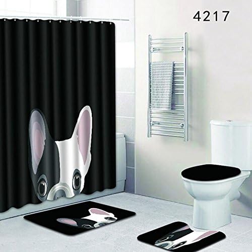 WillsCase 4pcs/set Bathroom Mat Set 3D Cute Lovely Pet Dog Animal Pattern Non Slip Bath Rug Microfiber 180x180cm Shower Curtain Mat/Rings Anti Slip Toilet Mat Sets