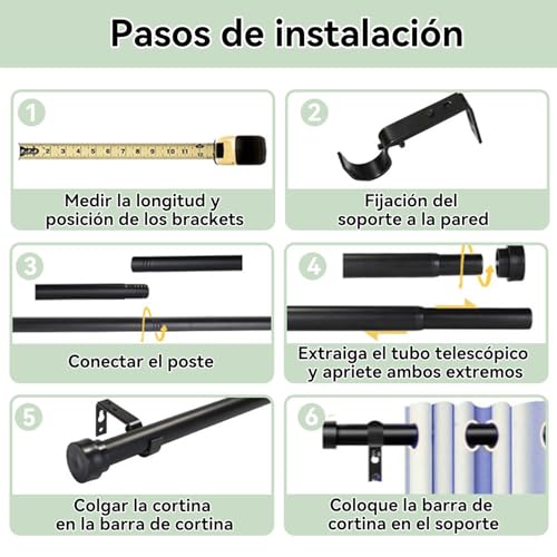 Barra de Cortina de 36 a 88 Pulgadas,Barra de Cortina Negra Mate,Cortineros a Justabl Negro,Juego Combinado de Soporte para Cortinas con Varilla(Con soporte),Fácil de Instalarlsala/estar/Baño/Cocina