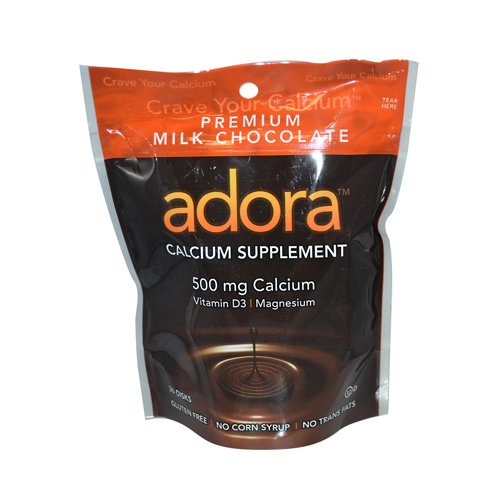 Adora Premium Vitamin D3 Magnesium and Calcium Supplement, 500 mg, Milk Chocolate, 30 Count