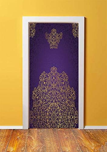 Gold Mandala 3D Door Sticker Wall Decals Mural Wallpaper,Vintage Decorative Ornament Eastern Ottoman Art Motifs Revival Swirling Decorative,DIY Art Home Decor Poster Decoration 30.3x78.19848,Purple Ye