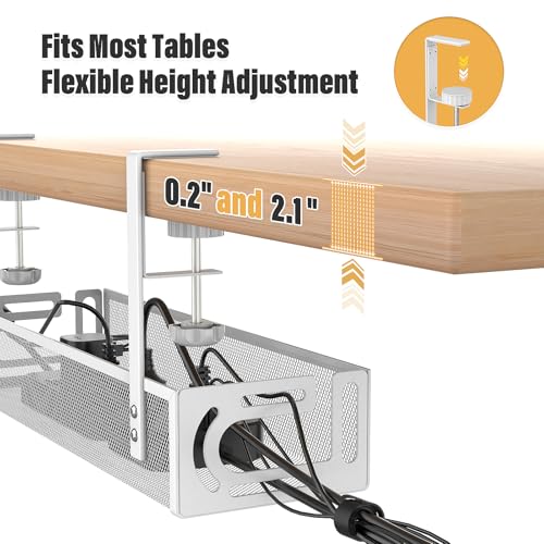 Under Desk Cable Management Tray No Drill, Metal Mesh Cable Tray with Clamp for Desk Wire Management, Desk Cable Management Box and Cord Organizer for Office, Home (White)