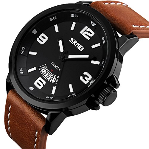 Mens Analog Quartz Casual Brown Leather Strap Wrist Watch