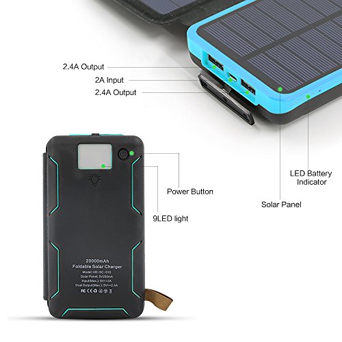 Solar Charger, X-DRAGON 20000mAh Solar Charger Power Bank with 5 Solar Panels, Dual USB, LED Flashlight Waterproof Portable External Battery Backup for iPhone, Cell Phones, ipad and More-Blue