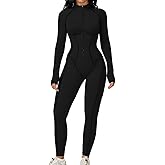 AEEZO Womens Contour Seams Long Sleeve Padded Workout Jumpsuit Zip Up Tummy Control One Piece Bodycon Yoga Rompers