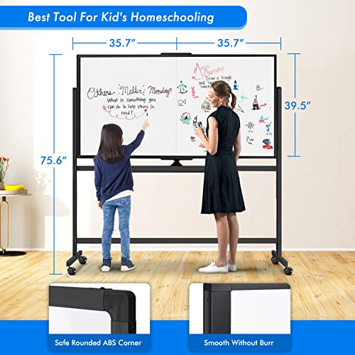 72x40 InchDouble Sided Rolling Whiteboard, Mobile Whiteboard Magnetic White Board, Large Reversible Dry Erase Board Easel Standing Board on Wheels (72x40 Black)
