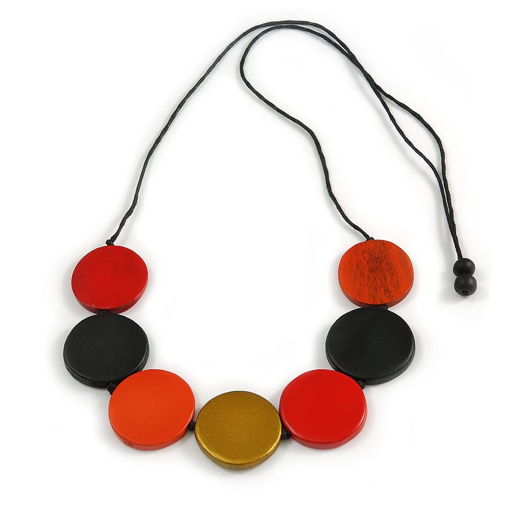 Avalaya Multicoloured Wood Coin Bead Black Cotton Cord Necklace - 96cm L (Max Length) Adjustable