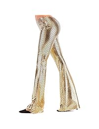 iwemek dama Metálico Brillante de cintura alta pierna ancha larga Palazzo Pantalones de Flare delgado ajuste campana inferior Yoga Leggings pantalones S-XXL