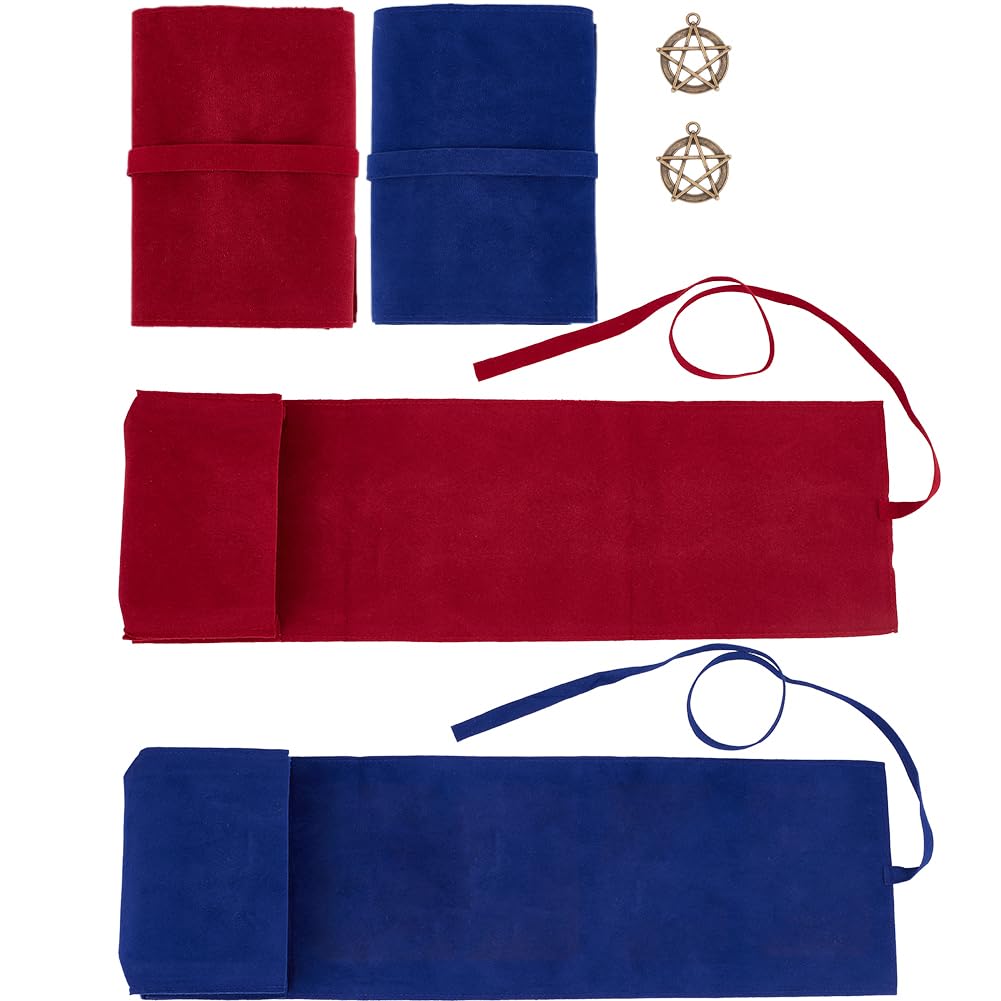 CREATCABIN 2Pcs Tarot Card Holder Bag Kit Velvet Tarot Card Storage Container Drawstring Pouch Set Witchcraft Supplies Drawstring Wrap for Divination Witchcraft Pagan 2.95x4.96 Inch Blue & Red