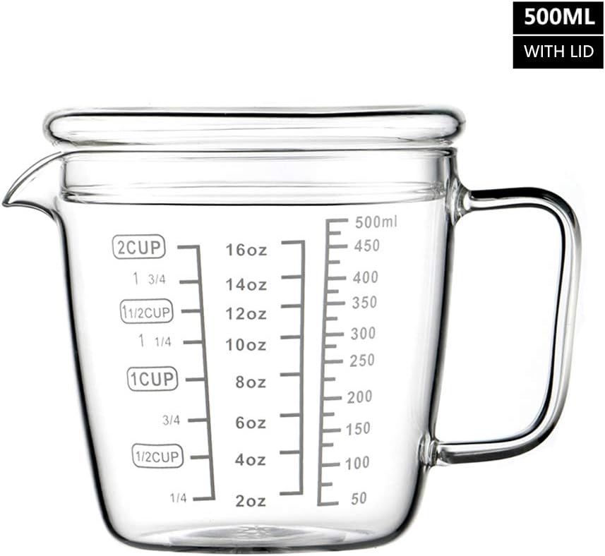 HARLIANGXY Glass Measuring Cup, Measuring Jug with Lid, Heat-Resistant Glass, Milk Cup, Water Cup, 250ML, 500ML