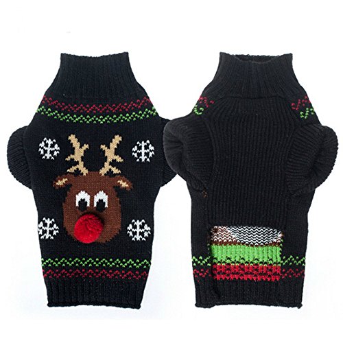 Moolecole Puppy Dog Christmas Knitted Sweater Reindeer Sweatshirt Clothes Pet Winter Knitwear Coat Warm Hoodies Apparel Black S
