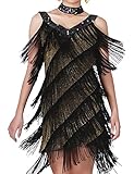 KAYAMIYA Women's Art Deco 1920s Gatsby Sequins Tassel Deep V Flapper Costume Dress L/XL Gold Black
