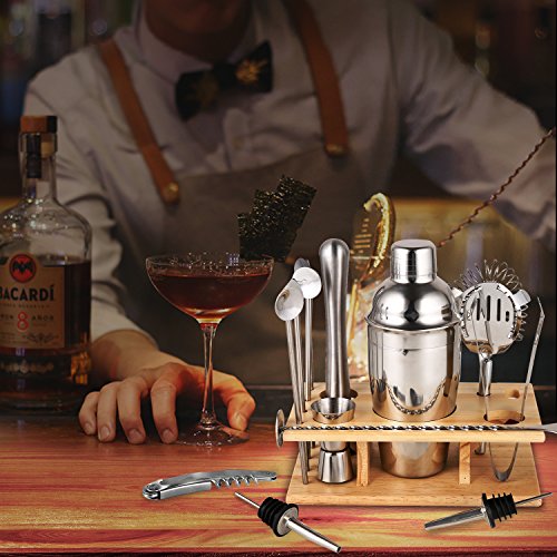 14 Piece Cocktail Shaker Set - Bar Accessories: Cocktail Shaker, dual capacity jigger, 4 drink stirrer, cocktail muddler, ice tongs, mixing spoon, 2 bottle poures, wine opener, and Wooden Gift Box