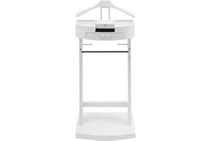 Bulelula Suit Valet Stand Wood Valet Stand for Man, Wooden Clothing Valet Stand with Contour Hanger, Tray, Trouser Bar, Tie Bar and Base, Mens Valet Stand for Entryway Office Living Room (White)