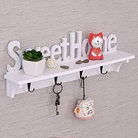 Poitemsic White Sweet Home Key Hooks Holder with Shelf(4-Hook Rack) Wooden Hanging Coat Key Holder Floating Shelves Home Office Wall Decoration