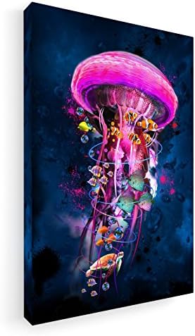 Electric Pink Jellyfish World - 19,69" x 29,53" inch (50x75 cm) - Premium stretched canvas print - wall art - artists, paintings, photo, picture on canvas - Art
