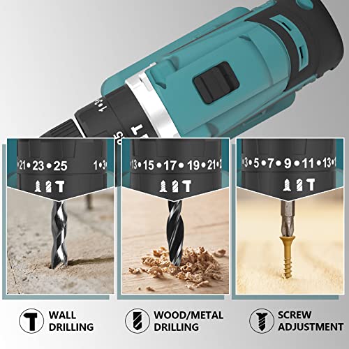 OMMO Drill Cordless Power, 21V MAX Impact Drill Electric 25+3 Torque