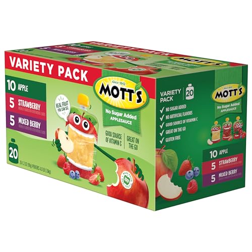 MOTT’S NO SUGAR ADDED APPLESAUCE VARIETY PACK, 3 FLAVORS – APPLE, STRAWBERRY & MIXED BERRY, MADE FROM REAL FRUIT, NO ARTIFICIAL FLAVORS, 3.2 OZ CLEAR POUCHES, 20 PACK