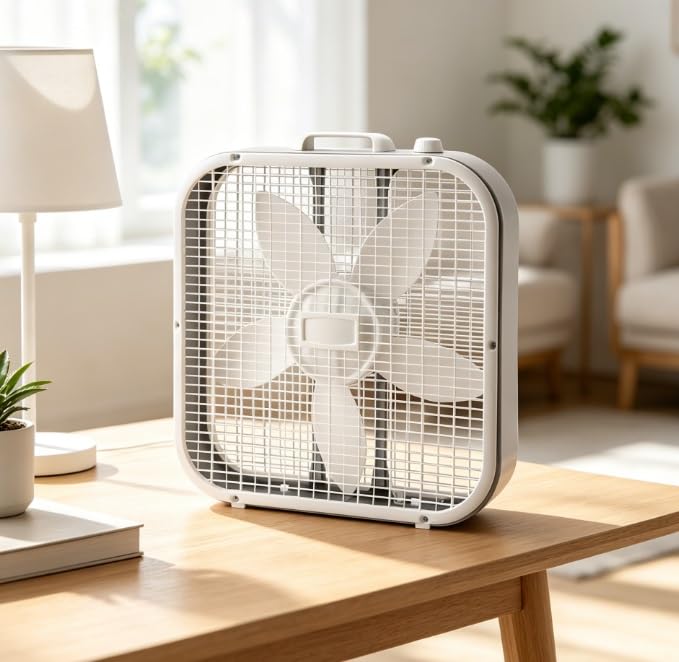 20" Classic Box Fan with Weather-Resistant Motor, 22.5" H,3 Speeds, White, New