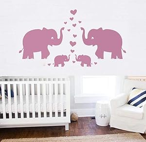 Large Cute Elephant Family With Hearts Wall Decals Baby Nursery Decor Kids Room Wall Stickers