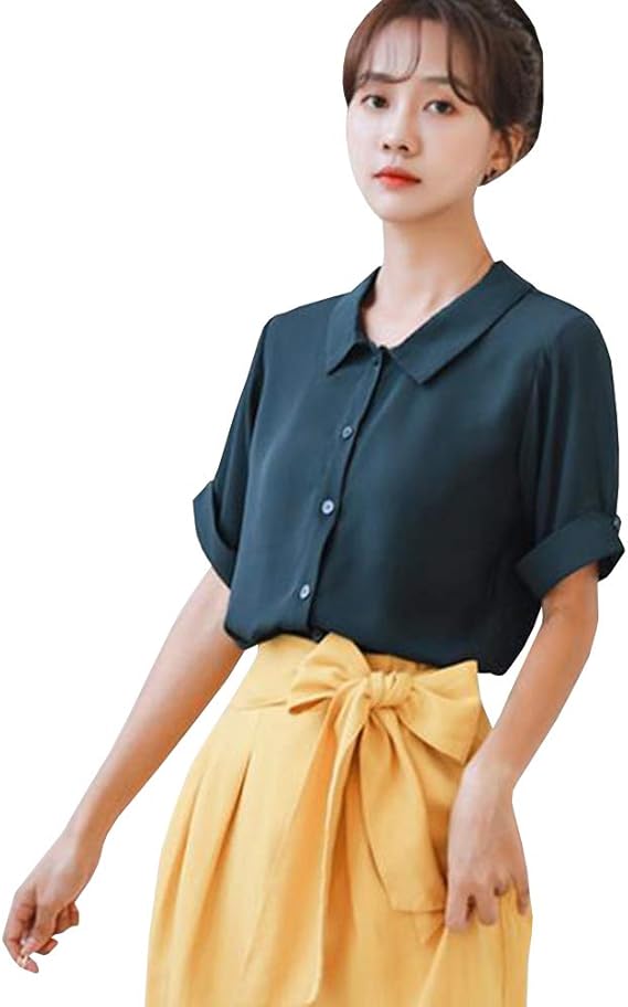 Amazon Feellway レディース シフォン ブラウス 半袖 シック ゴージャス エレガント 可愛い ファッション 春夏秋 通勤 Poloシャツ C0550 シャツ ブラウス 通販