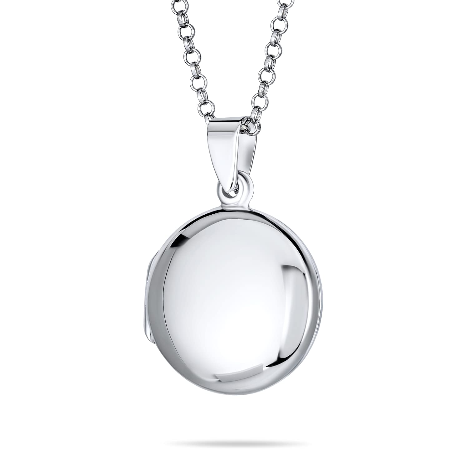 Bling Jewelry Personalized Medium Simple Plain Dome Round Circle Photo Lockets for Women and Teens Polished .925 Silver Locket Necklace Pendant Hold Pictures