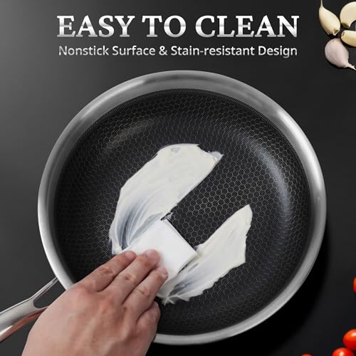 KOKHUB Stainless Steel Frying Pan with Lid, 28cm Nonstick Honeycomb Skillet, Non Toxic Cookware Pan for Induction, Electric and Gas Hob, Dishwasher/Oven Safe, PFOA Free