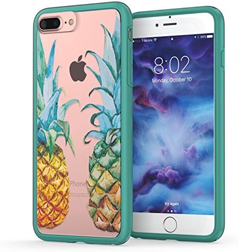 iPhone 7 Plus Case, Pineapple iPhone 8 Plus Case, True Color Tropical Pineapples Printed on Clear Transparent Hybrid Cover Hard +Soft Slim Thin Durable Protective Shockproof TPU Bumper Cover - Teal