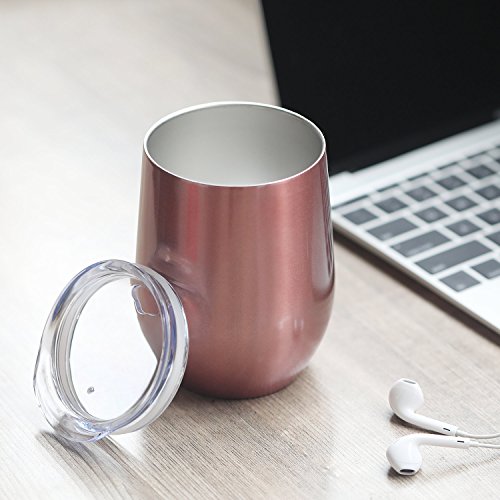 Skylety 12 oz Double-insulated Stemless Glass, Stainless Steel Tumbler Cup with Lids for Wine, Coffee, Drinks, Champagne, Cocktails, 2 Sets (Bright Rose Gold)