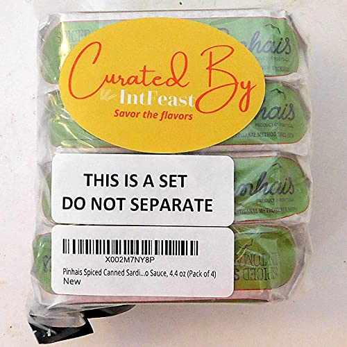 Pinhais Spiced Canned Sardines in Tomato Sauce, 4.4 oz (Pack of 4) with 4 Intfeast Mints