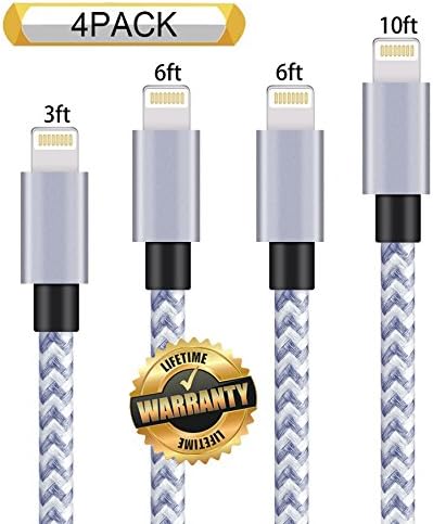 GUIGUI iPhone Charger 4Pack 3FT 6FT 6FT 10FT, Extra Long Nylon Braided Charging Cord Lightning Cable to USB Charger for iPhone X, 8, 7, 7 Plus, 6S, 6, SE, 5S, 5, iPad, iPod Nano 7 (Grey White)