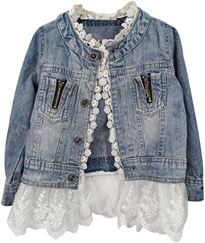 Kids Girls Casual Cute Floral Lace Button Denim Jacket Outerwear