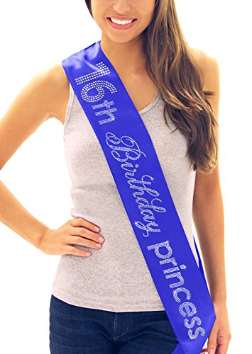 16th Birthday Princess Rhinestone Sash - Sweet 16th Birthday Party Gift Blue