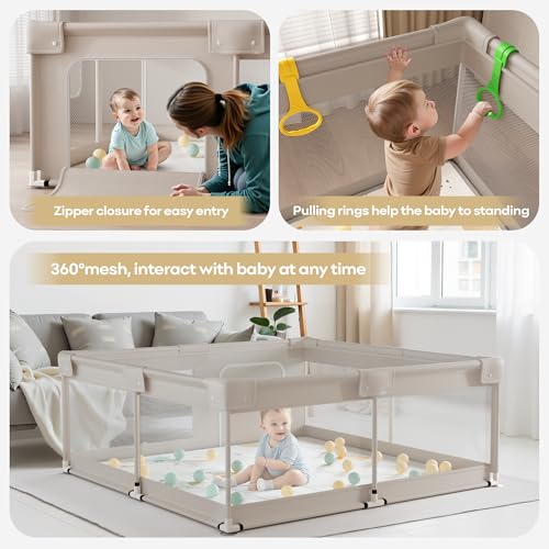Lertantri Baby Playpen 150 x 150 cm - XXL Baby Playpen with Play Mat, Playpen with Breathable Mesh on Four Sides and Suction Cups