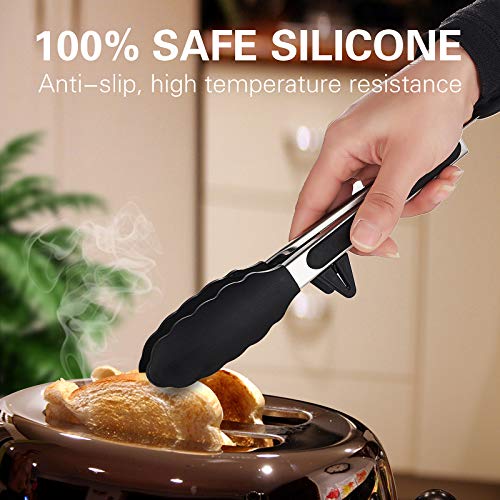 kenpiko Tongs for Cooking with Silicone Tips, 2 Pack Food-Grade Kitchen Tongs with Premium and Durable Stainless Steel, Silicone Tongs with Grill Brush and Cleaning Brush for Cooking, BBQ and Salad