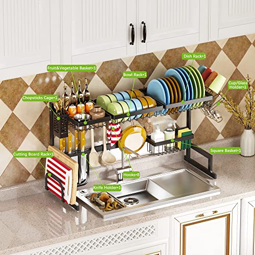 PUSDON Over Sink (27"38") Dish Drying Rack, Adjustable Large Dish Drainer for Storage Kitchen