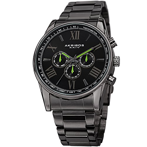 Akribos XXIV Men's Swiss Quartz Multi-Function Gun Metal Lime Green Accented Stainless Steel Bracelet Watch AK736GLM