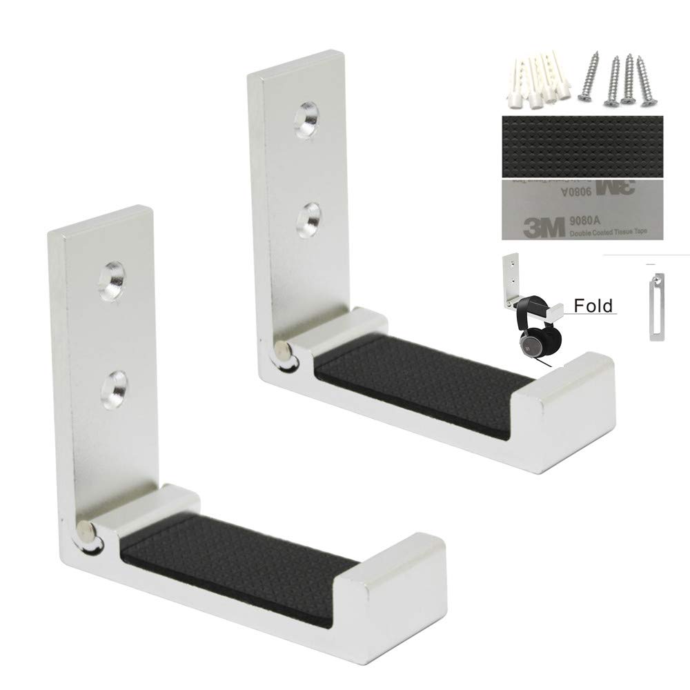 MeetRade 2Pack Foldable Wall Mount Headphones Holder Headset Wall Hanger, Aluminum Wall Mount Hook,Hold Up to 1kg with 3M Adhesive Tape,20kg with Screws,Come with Soft Protective Pad (Silver)