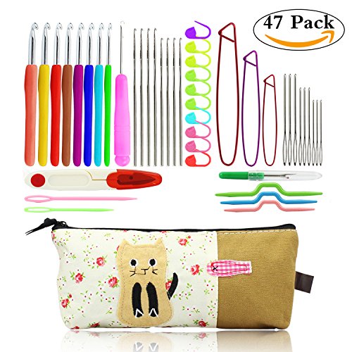 Crochet Hooks Ergonomic Crochet Hook Set with Case Plus Large-Eye Blunt Needles Yarn Knitting,Scissors,Locking Stitch Marke and Other Crochet Tools,Best Gift(47 Pieces) - Thumbnail 7