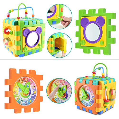 Alcoon Activity Cube 6 in 1 Multipurpose Play Center for Kids Toddlers Busy Learner Cube with Shapes Maze Music Gears Clock Educational Game Toys