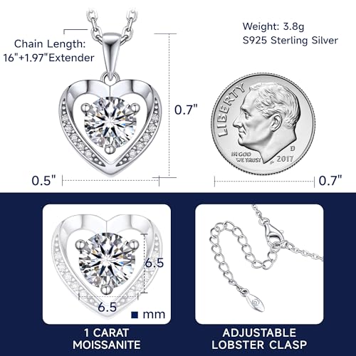 MomentWish Women's Heart Necklace, 0.5/1/2 Carat Moissanite Diamond Pendant Rose Gold 925 Sterling Silver Hypoallergenic Jewelry Gift for Wife Mom Girlfriend