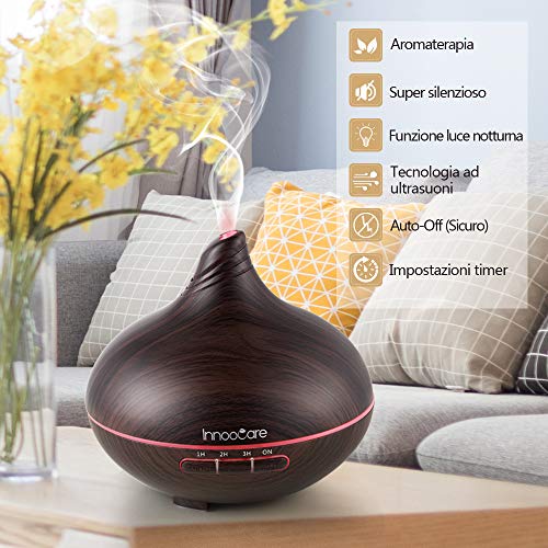 Diffusore di Aromi 300ml InnooCare Umidificatore a Ultrasuoni per Aromaterapia con Venature in Legno con 7 LED Colorati per Casa, Yoga, Ufficio (Tipo 1)