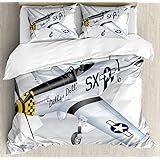Ambesonne Vintage Airplane Duvet Cover Set Queen Size, P-51 Dallas Doll Detailed Illustration American Air Force Classic Plane, Decorative 3 Piece Bedding Set with 2 Pillow Shams, Multicolor