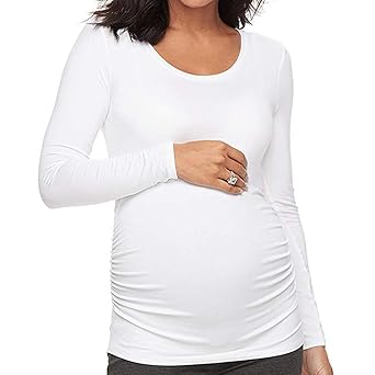 Einfarbig Rundkragen Tuniken Bluse für Schwangerschaft Basic Tops Kleidung Weich Umstandsmode T-Shirt Herbst Langarmshirt Hem